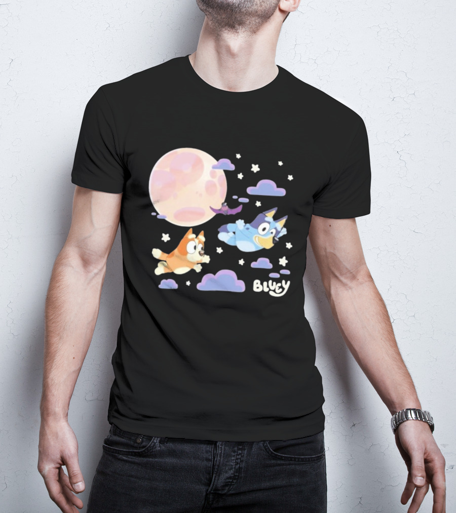 Bluey Sleepy Time Characters Flying With Moon And Stars T-Shirt