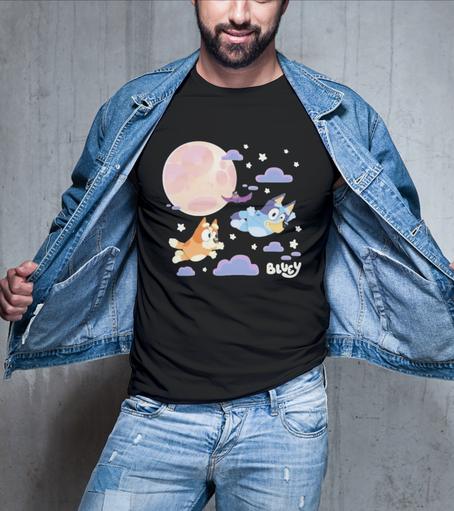 Bluey Sleepy Time Characters Flying With Moon And Stars T-Shirt