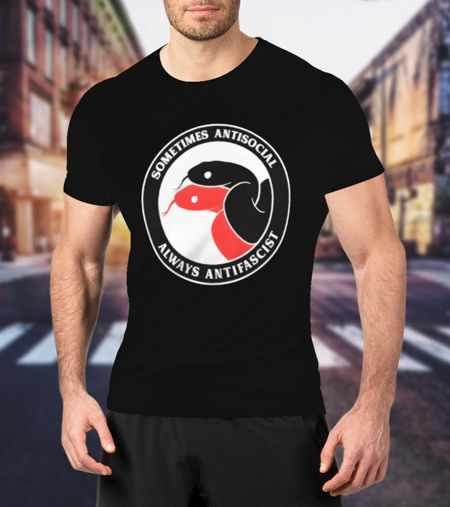 Sometimes Antisocial Always Antifascist Snakes Circle Logo Two Snakes Black And Red T-Shirt