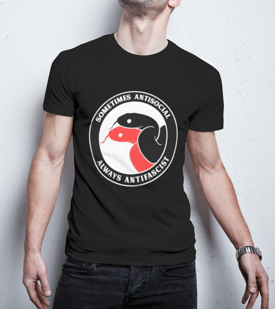 Sometimes Antisocial Always Antifascist Snakes Circle Logo Two Snakes Black And Red T-Shirt