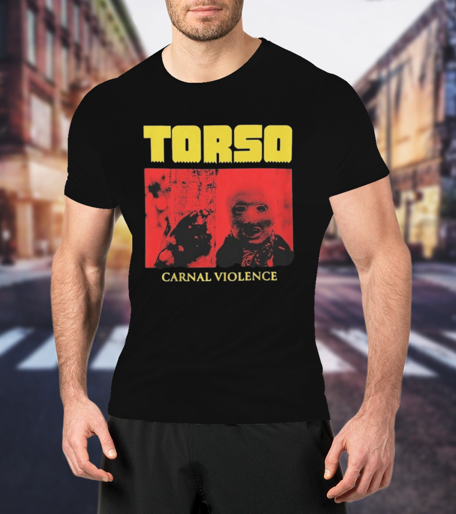 Torso Carnal Violence Horror Imagery Bold Yellow Text T-Shirt
