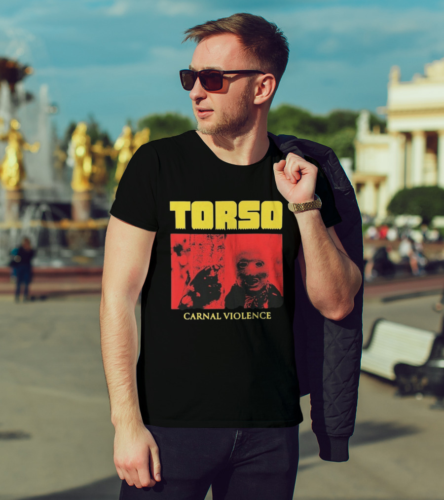 Torso Carnal Violence Horror Imagery Bold Yellow Text T-Shirt