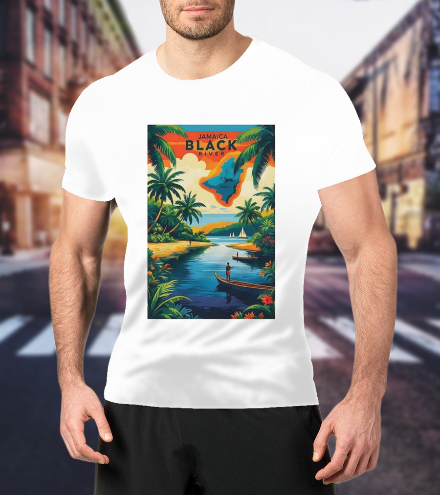 Jamaica Black River Vintage Travel Tropical Scenery With Palm Trees And Boats T-Shirt