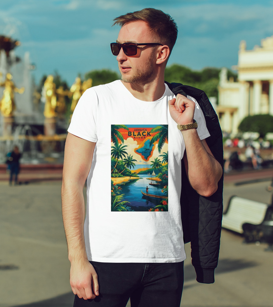 Jamaica Black River Vintage Travel Tropical Scenery With Palm Trees And Boats T-Shirt
