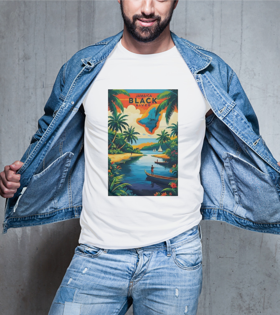 Jamaica Black River Vintage Travel Tropical Scenery With Palm Trees And Boats T-Shirt