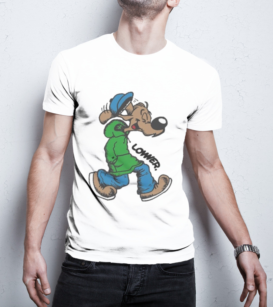 Lower Billie Hood Walkin Cartoon Character In Green And Blue Cap T-Shirt