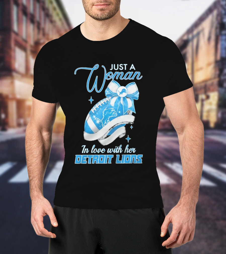 Just A Woman In Love With Her Detroit Lions Glittery Ribbon T-Shirt