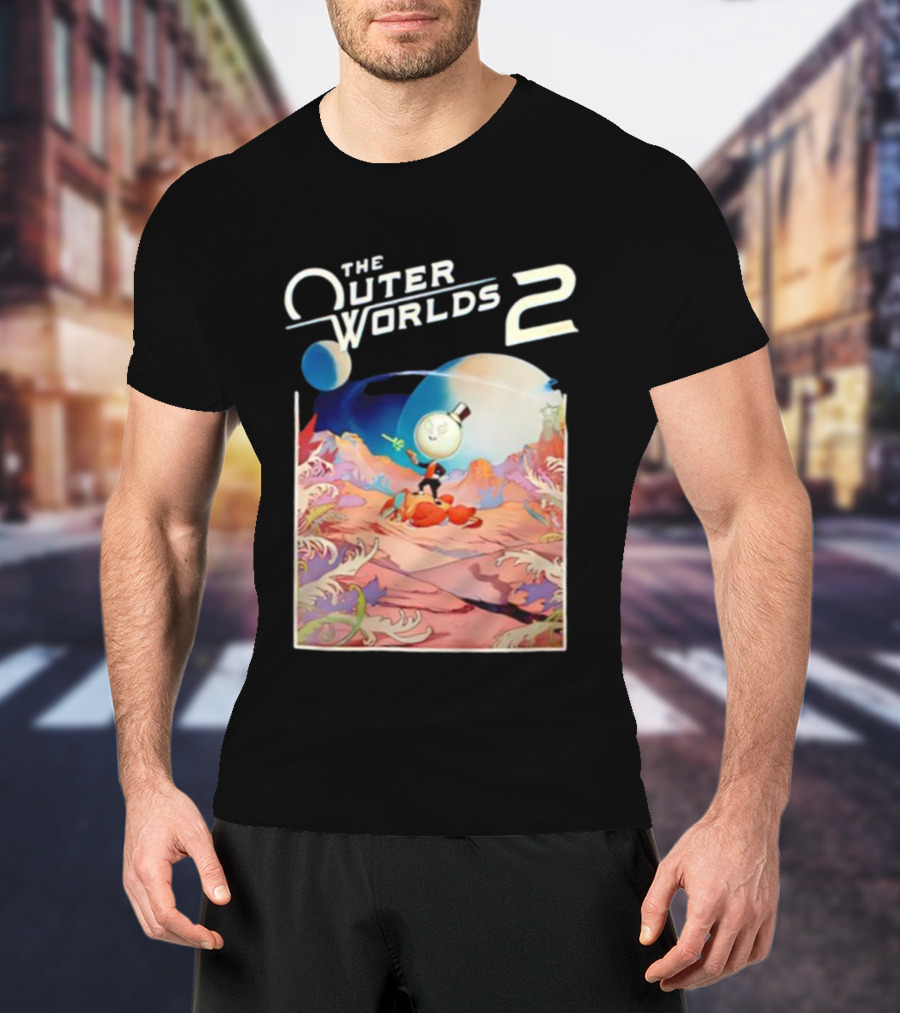 The Outer Worlds 2 Surreal Landscape With Cartoon Character T-Shirt