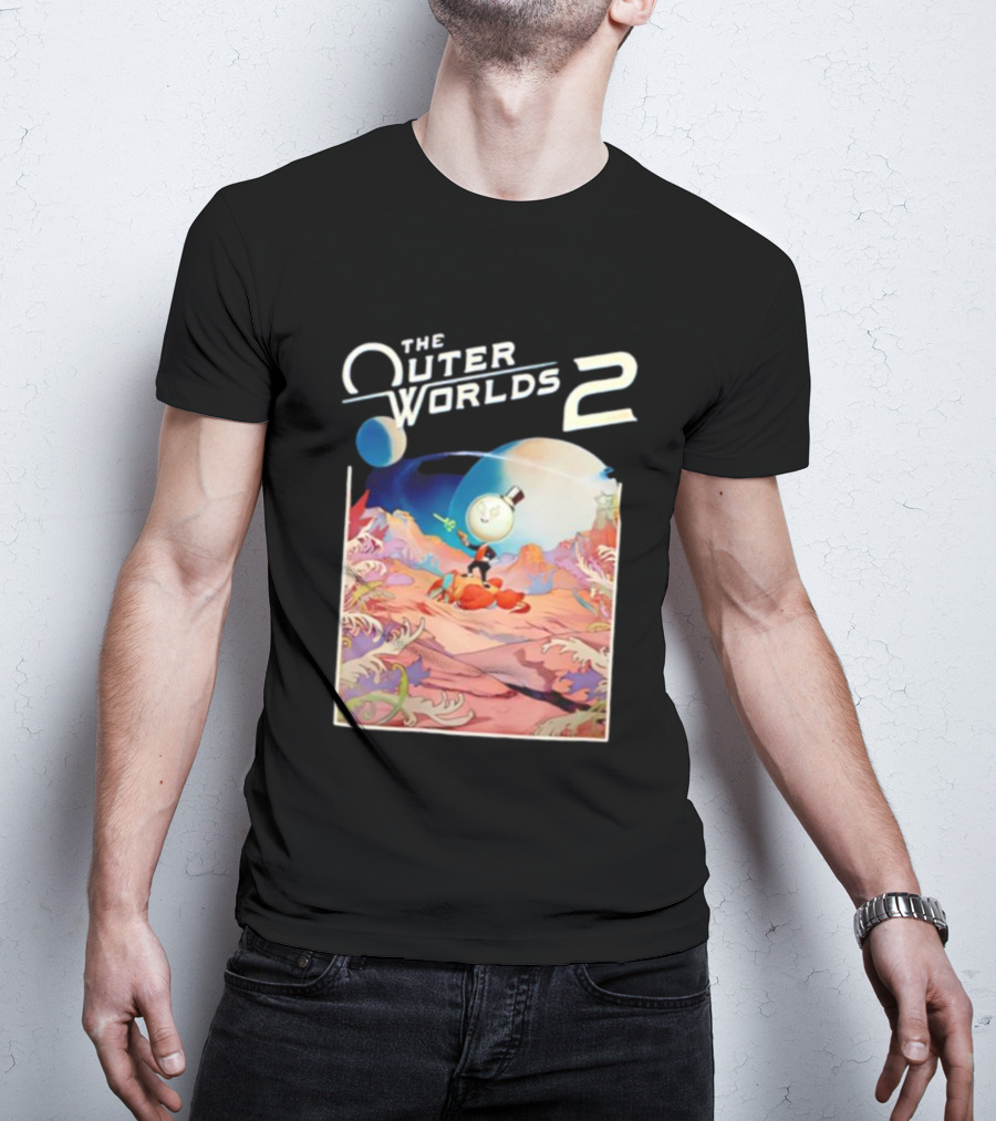 The Outer Worlds 2 Surreal Landscape With Cartoon Character T-Shirt