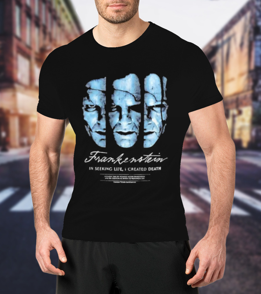 Frankenstein The Creature Seeking Life Created Death Split Face Design T-Shirt