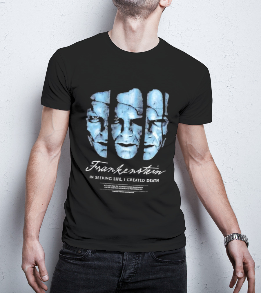 Frankenstein The Creature Seeking Life Created Death Split Face Design T-Shirt