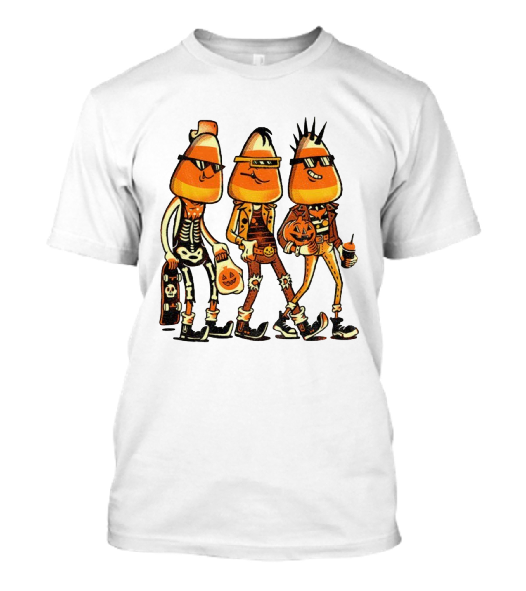 Candy Corn Punk Rock Skeleton Pumpkin Halloween Characters T-Shirt