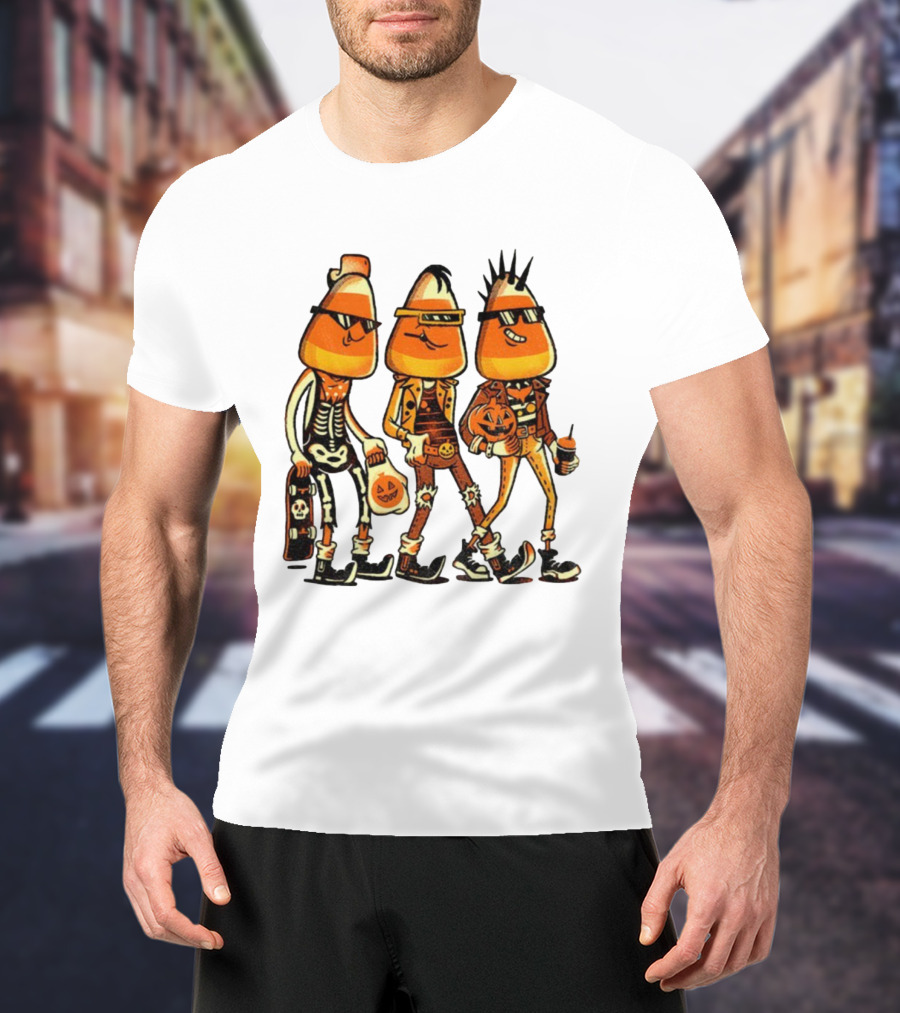 Candy Corn Punk Rock Skeleton Pumpkin Halloween Characters T-Shirt