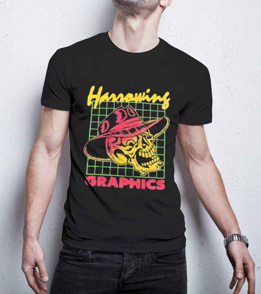 Harrowing Skull Cowboy Hat Graphics Retro Neon Style T-Shirt