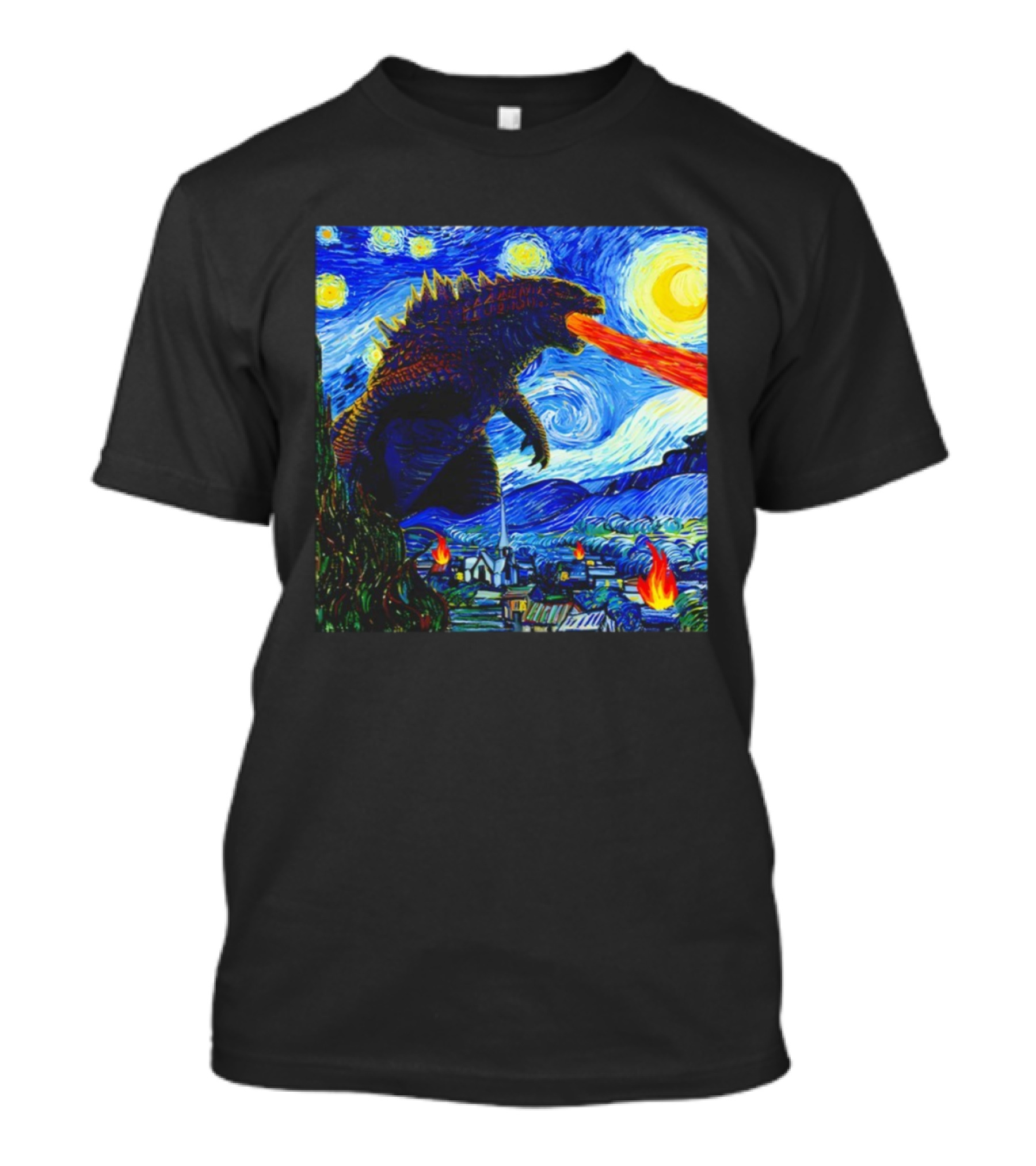 Godzilla Van Gogh Starry Night Mashup Scene T-Shirt