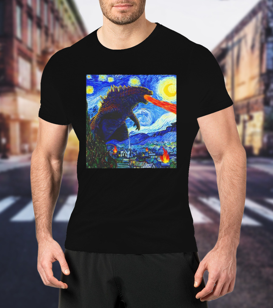 Godzilla Van Gogh Starry Night Mashup Scene T-Shirt
