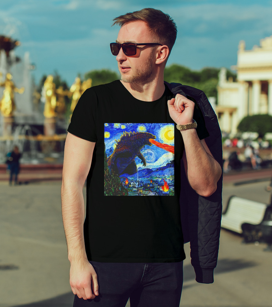 Godzilla Van Gogh Starry Night Mashup Scene T-Shirt