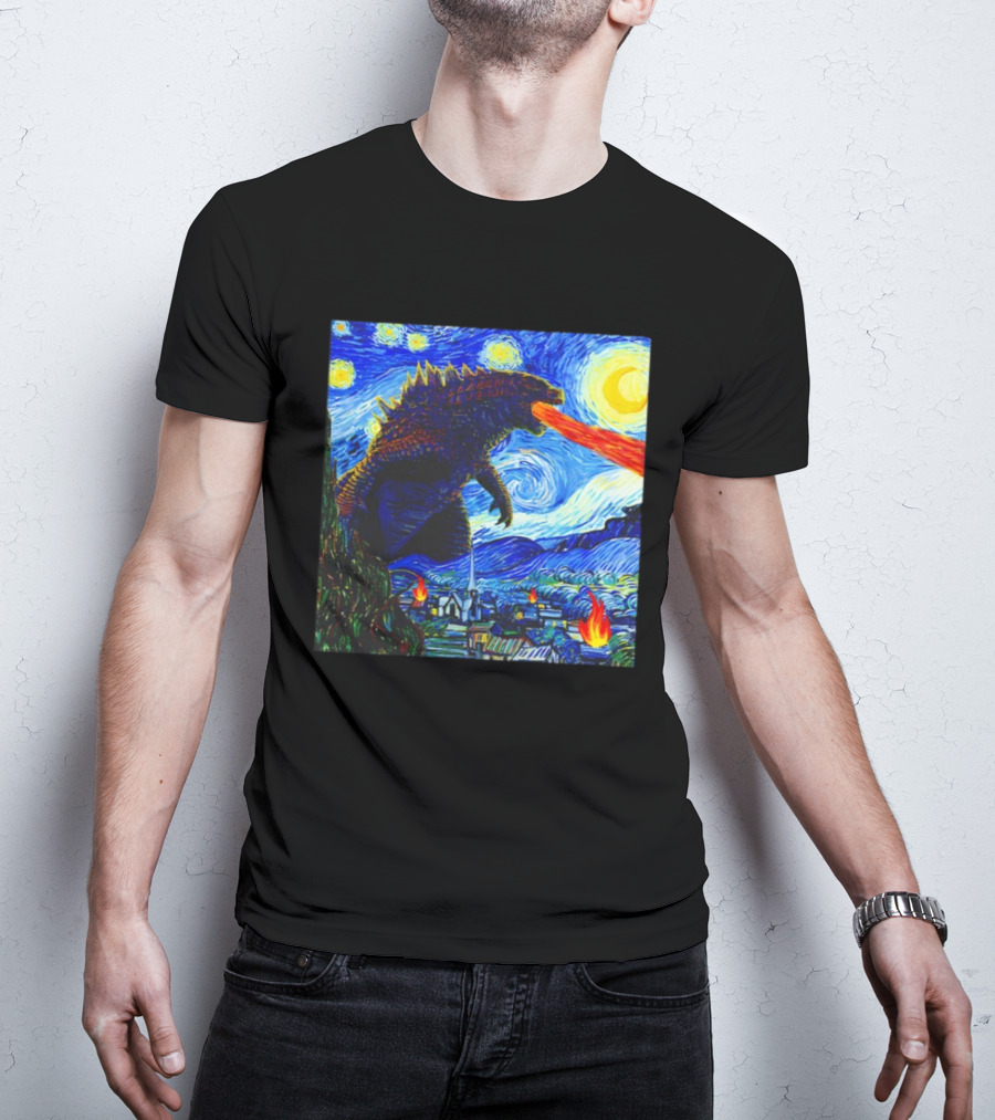 Godzilla Van Gogh Starry Night Mashup Scene T-Shirt