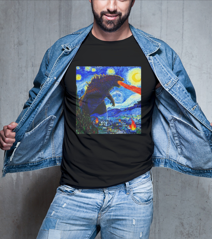 Godzilla Van Gogh Starry Night Mashup Scene T-Shirt