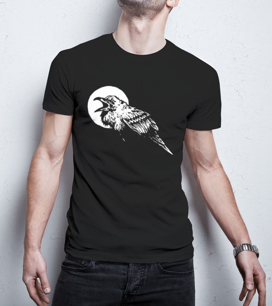 Raven Crow F Caw F Vintage Retro Bird Full Moon Silhouette In Flight T-Shirt