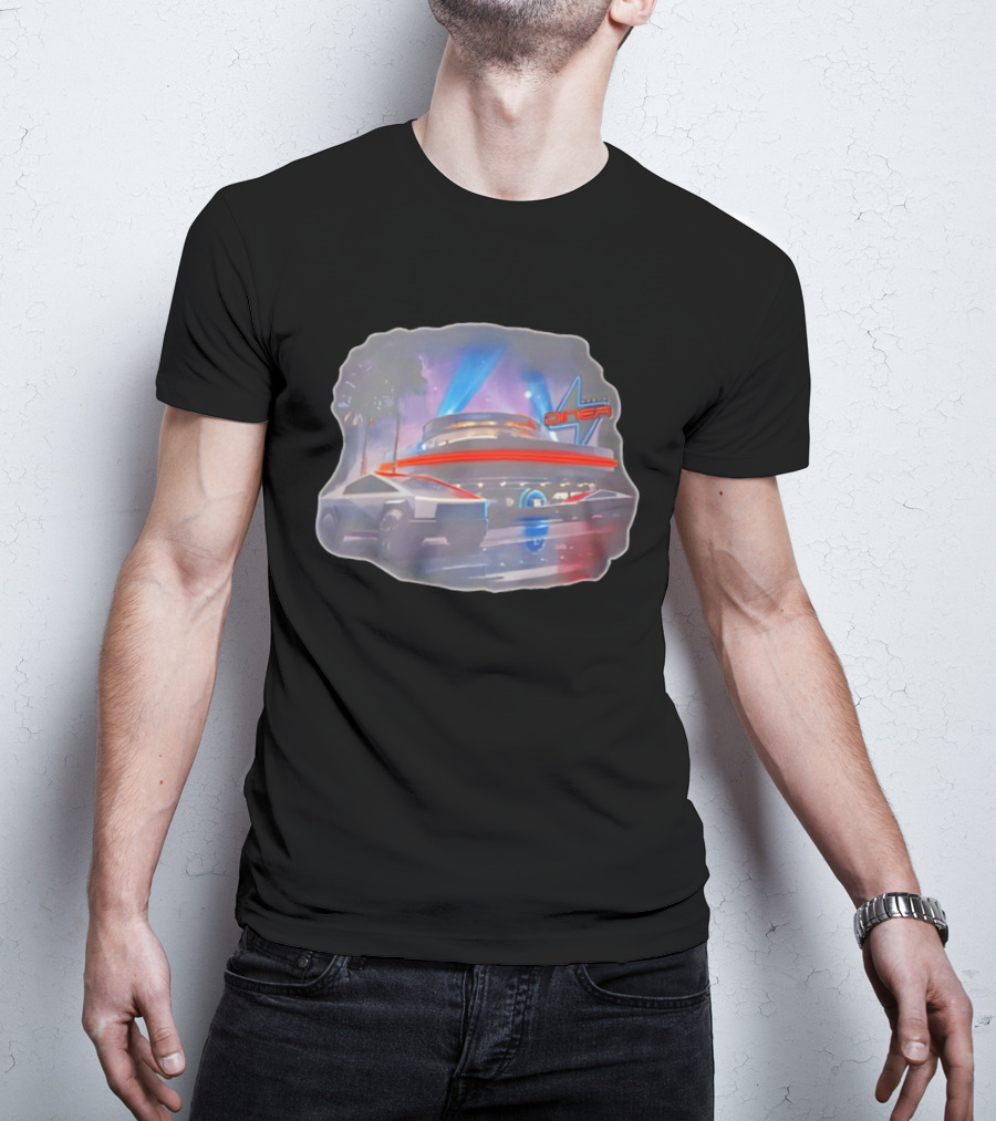 Tesla Cybertruck Hollywood Retro Diner Neon Night Scene T-Shirt