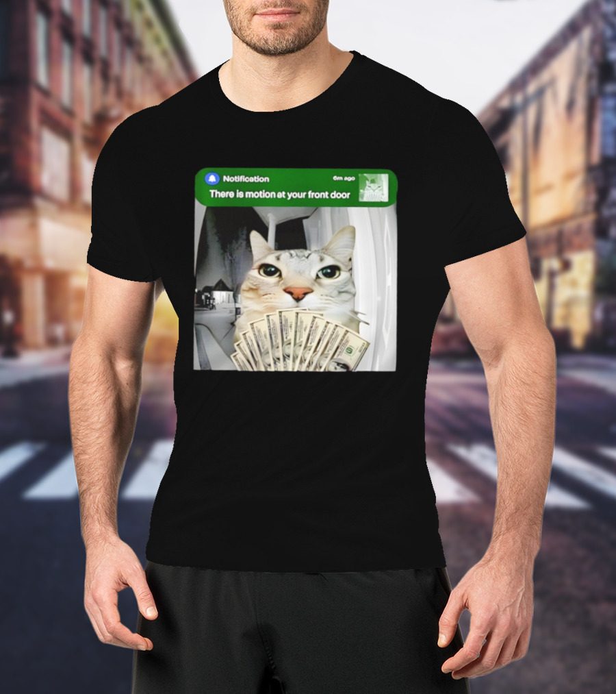 Notification Funny Cat Meme Motion At Your Front Door Money T-Shirt