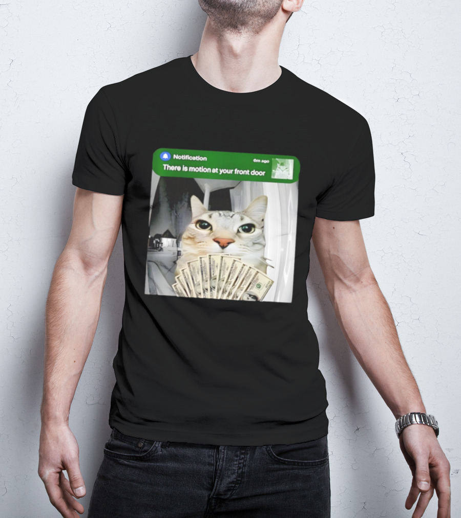 Notification Funny Cat Meme Motion At Your Front Door Money T-Shirt