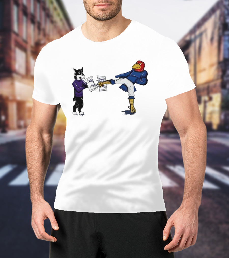 Kansas Jayhawk Mascot Kicking Wildcat We Own State T-Shirt