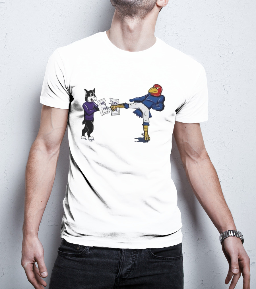 Kansas Jayhawk Mascot Kicking Wildcat We Own State T-Shirt