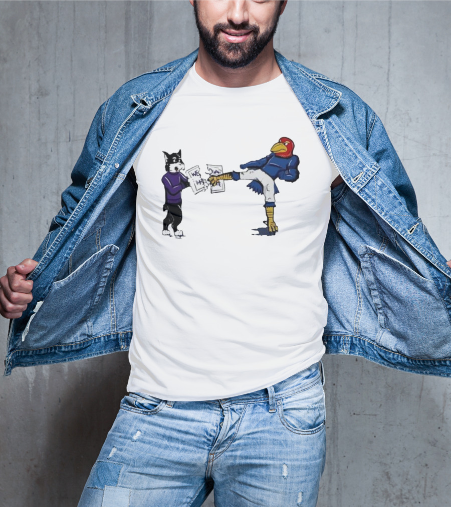 Kansas Jayhawk Mascot Kicking Wildcat We Own State T-Shirt