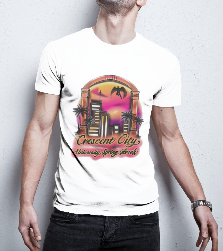 Crescent City University Spring Break Airbrush Tropical Sunset Skyscraper Archway Angel Wings T-Shirt