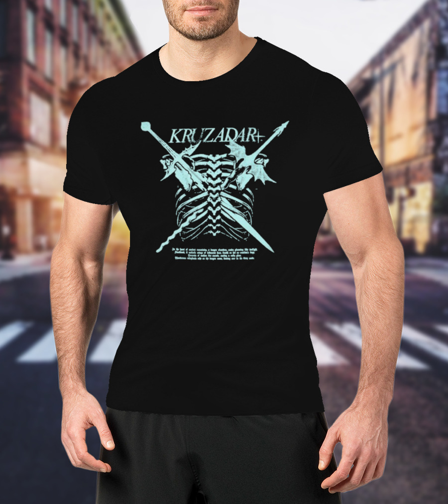 Kruzadar Dragonbone Crossed Swords And Dragon Wings Motif T-Shirt