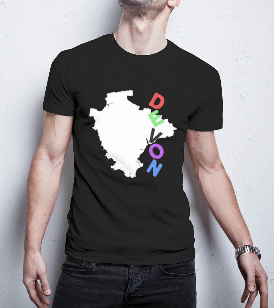 We Are Devon Island Map Outline With Colorful Vertical Text T-Shirt