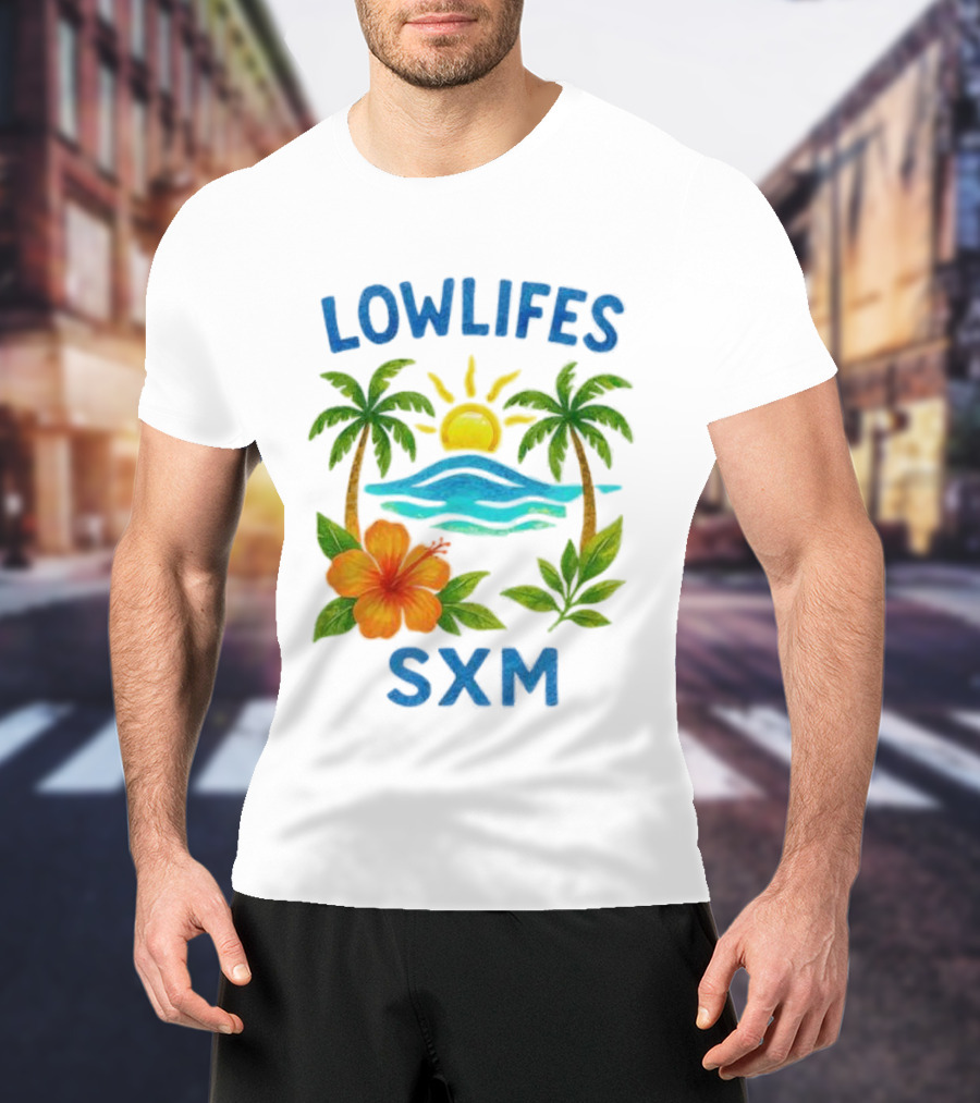 Lowlifes SXM Tropical Sunset 2025 Palms Hibiscus Ocean Sun T-Shirt
