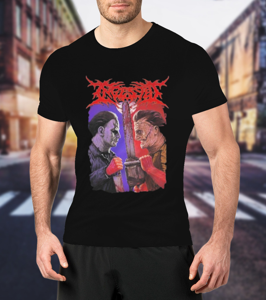 Michael Myers Freddy Krueger Ingested Chainsaw Showdown Graphic T-Shirt