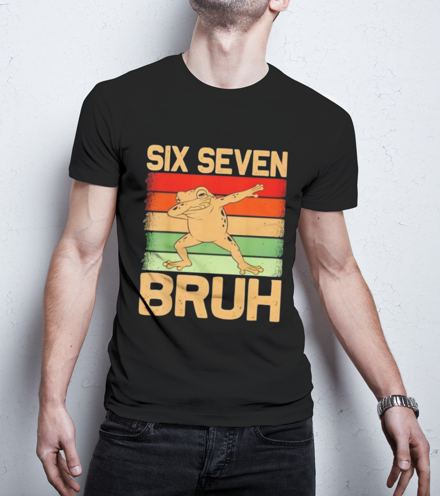 Six Seven Bruh Dab Frog Retro Stripes T-Shirt