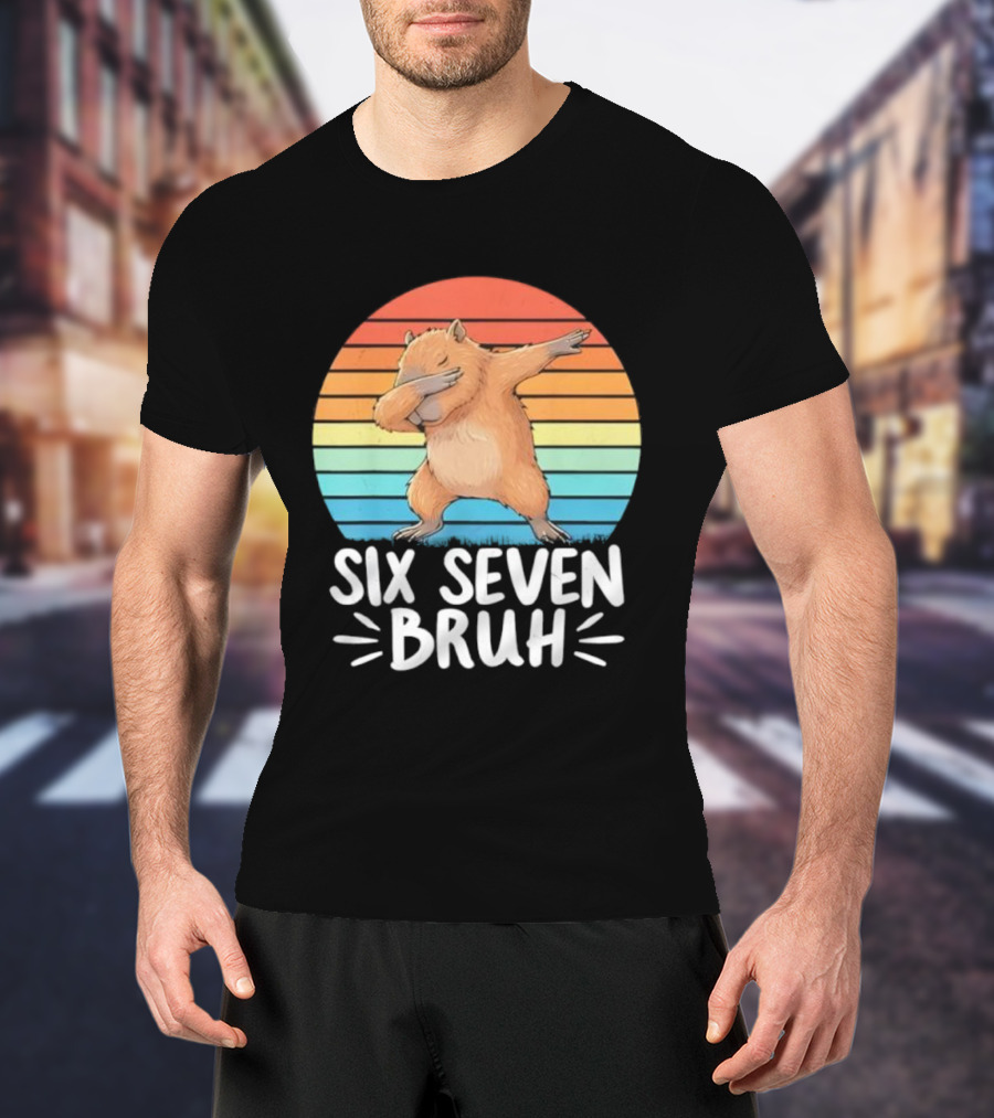 67 Meme Capybara Dabbing Six Seven Bruh Rainbow Retro T-Shirt