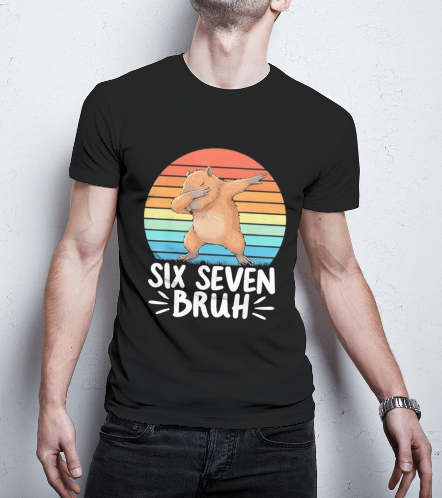 67 Meme Capybara Dabbing Six Seven Bruh Rainbow Retro T-Shirt