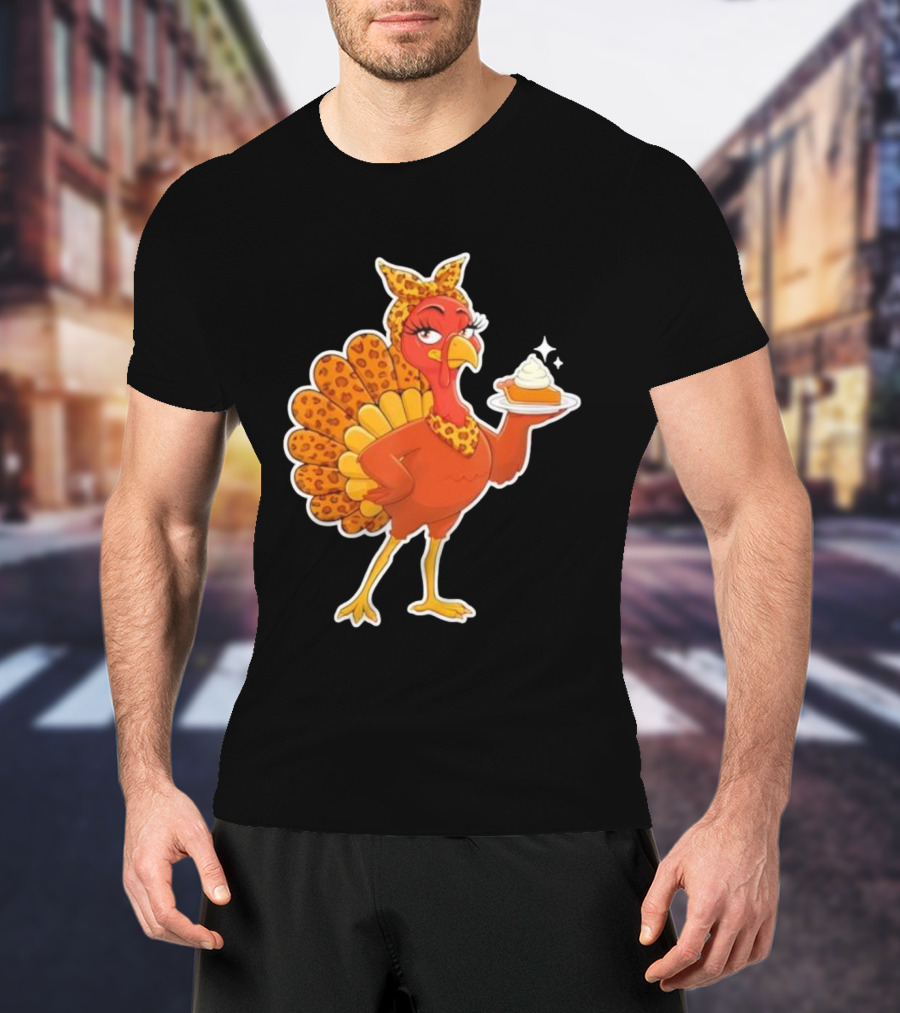 Leopard Print Turkey With Pumpkin Pie Thanksgiving T-Shirt