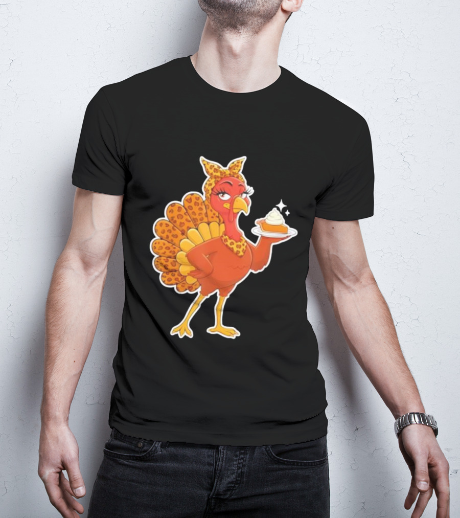 Leopard Print Turkey With Pumpkin Pie Thanksgiving T-Shirt