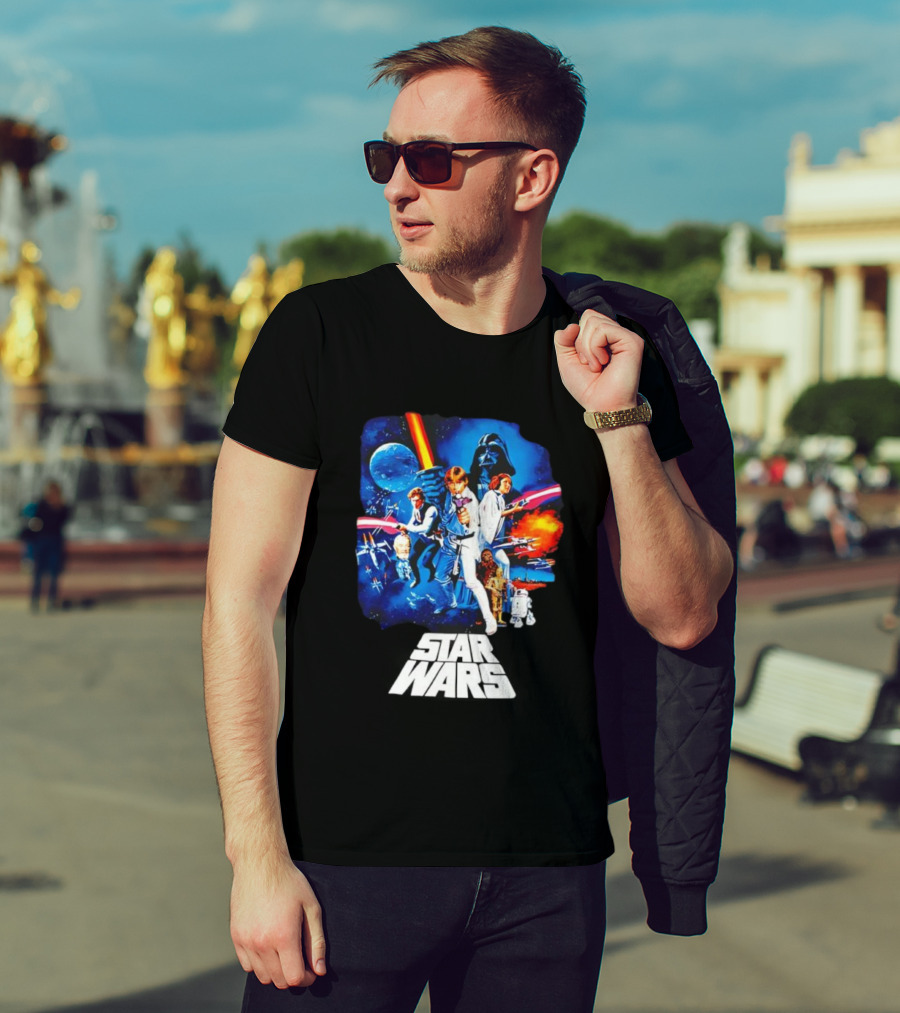 Star Wars New Hope Retro Darth Vader Luke Skywalker Leia Han Solo Chewbacca R2-D2 C-3PO Vintage Galactic Battle Scene T-Shirt