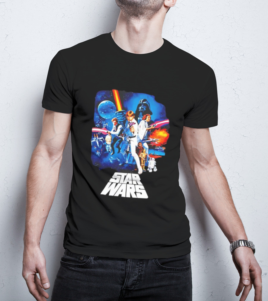 Star Wars New Hope Retro Darth Vader Luke Skywalker Leia Han Solo Chewbacca R2-D2 C-3PO Vintage Galactic Battle Scene T-Shirt