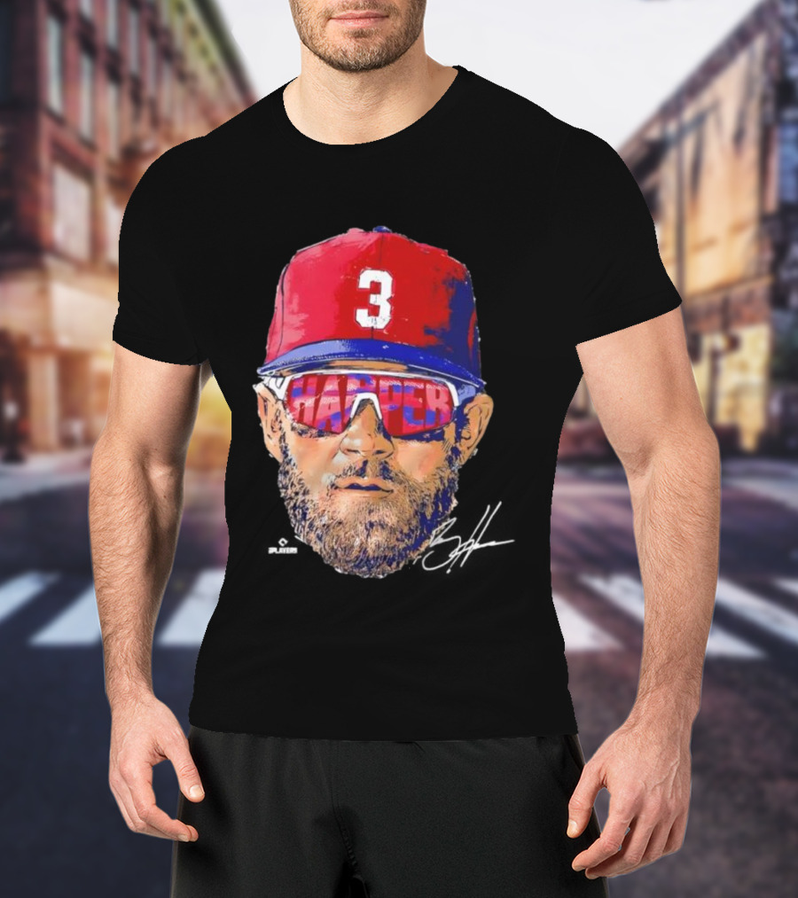 Philadelphia Phillies Bryce Harper Signature Head 3 Cap Sunglasses T-Shirt