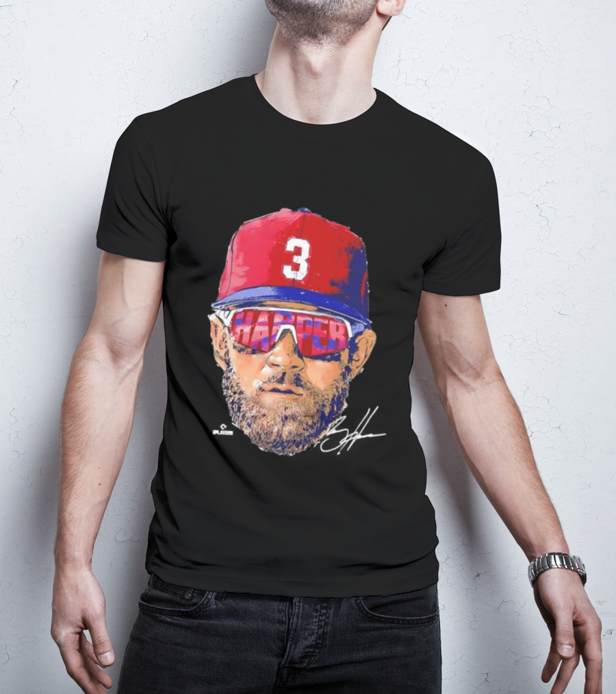 Philadelphia Phillies Bryce Harper Signature Head 3 Cap Sunglasses T-Shirt