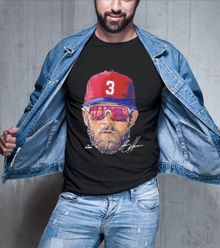 Philadelphia Phillies Bryce Harper Signature Head 3 Cap Sunglasses T-Shirt