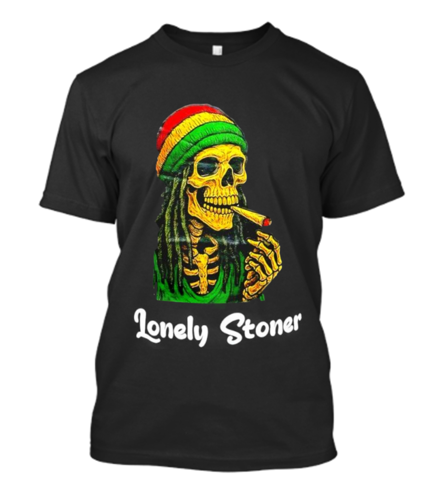 Lonely Stoner Dreadlocked Skull Smoking Rasta Colors T-Shirt