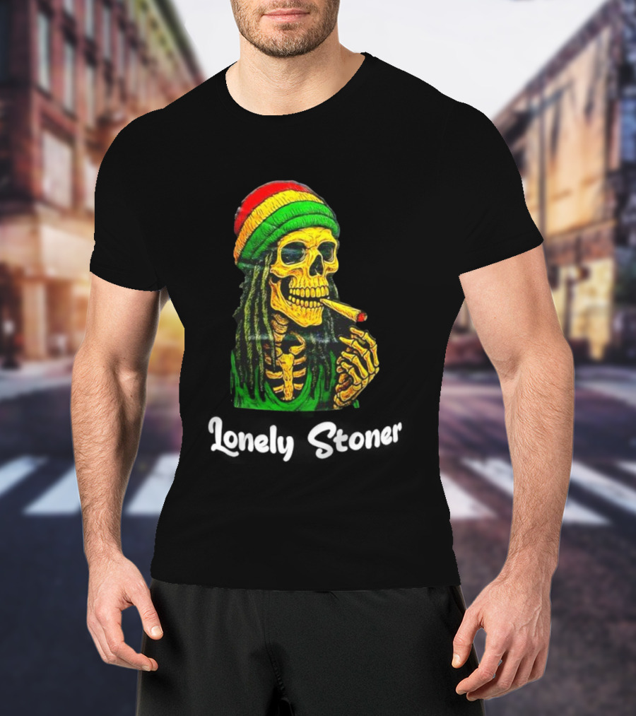 Lonely Stoner Dreadlocked Skull Smoking Rasta Colors T-Shirt