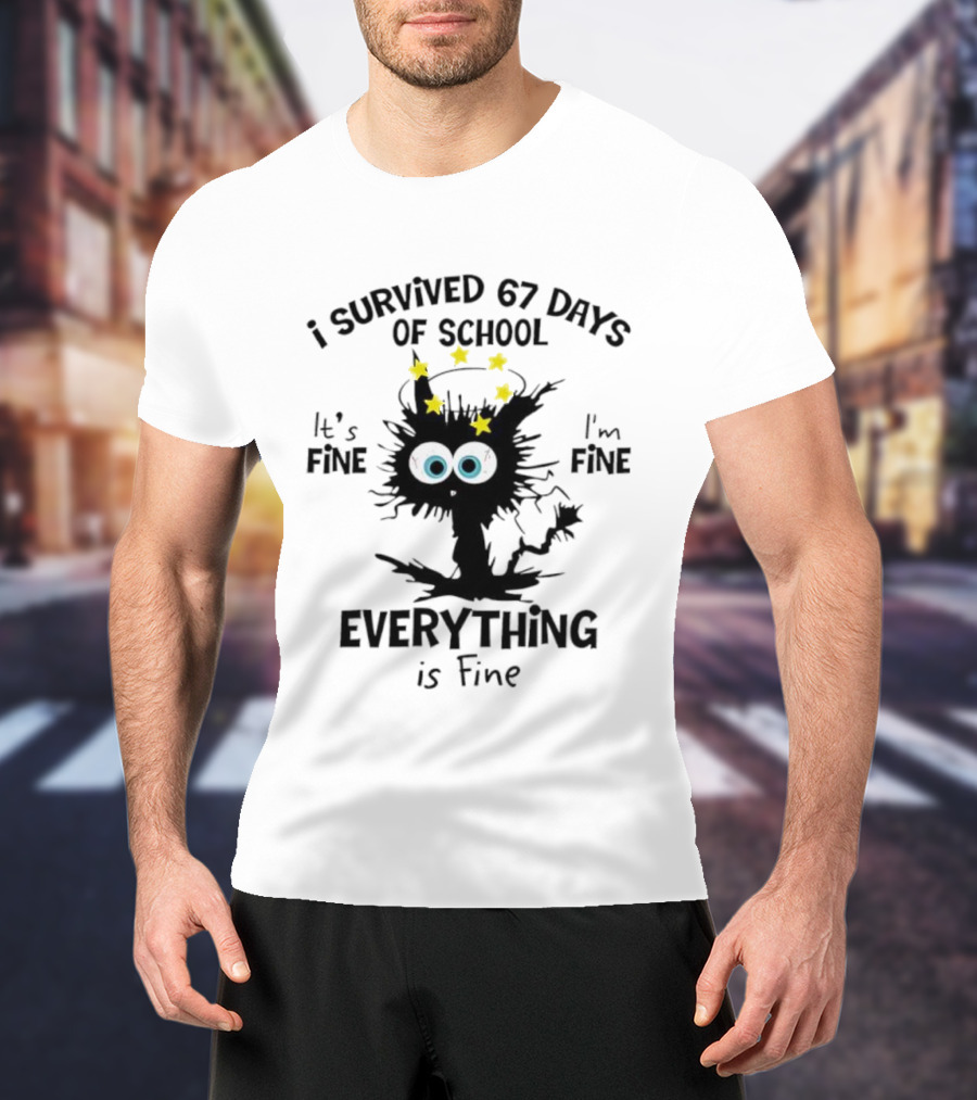 I Survived 67 Days Of School Cat Everything Is Fine Stars Eyes T-Shirt