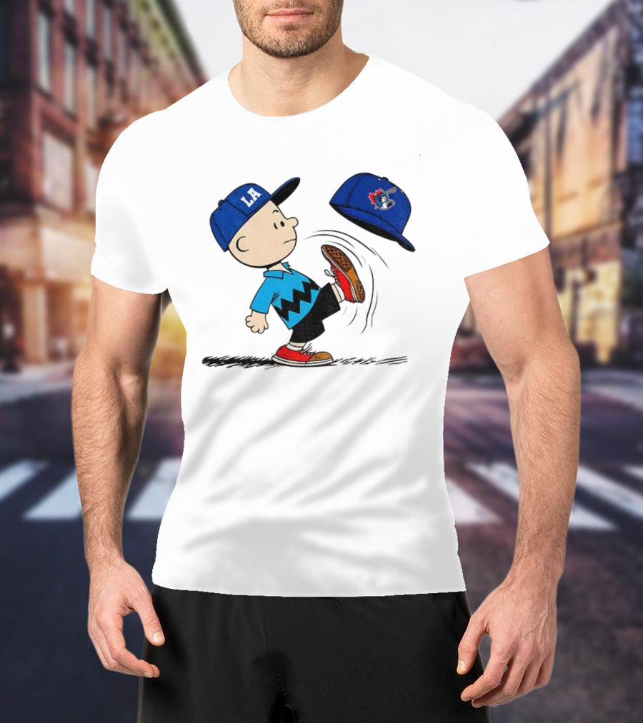 Los Angeles Dodgers LA Cap Charlie Brown Kicking Toronto Blue Jays Hat Peanuts Crossover T-Shirt