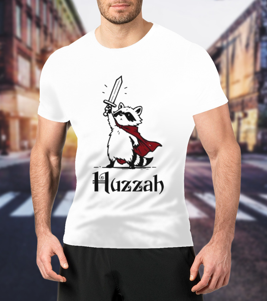 Raccoon Warrior Huzzah Red Cape Sword Heroic Pose T-Shirt